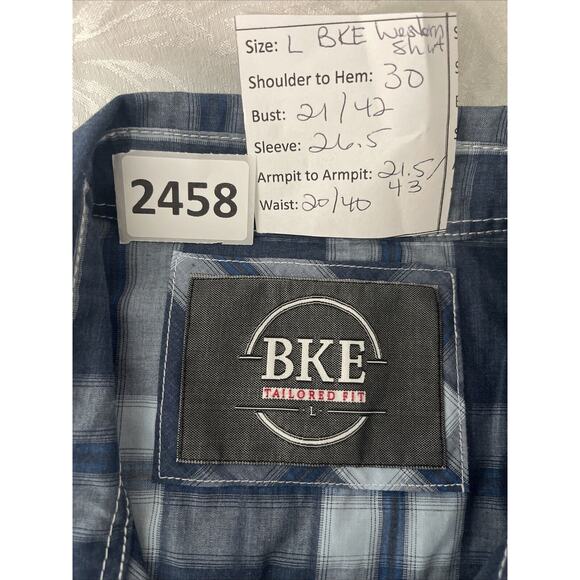 BKE Western Tailored Fit Shirt Mens L LongSleeve Blue Plaid Metal Buttons - Picture 8 of 10
